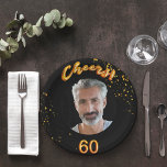 60. Geburtstagsparty schwarzes Gold Foto Pappteller<br><div class="desc">Eine Papiertafel für eine 60. Geburtstagsfeier für Typ. Vorlage für Ihr Foto. Schwarzer Hintergrund und der Text: Fröhlich! 60. Der Text ist mit einem modischen Imitat goldenen Ballon-Skript geschrieben. Goldene Konfetti als Dekoration. Passende Papierservietten sind in unserem Shop erhältlich!</div>
