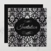 60. Geburtstagsparty | Silver & Black Damask Einladung (Vorne/Hinten)