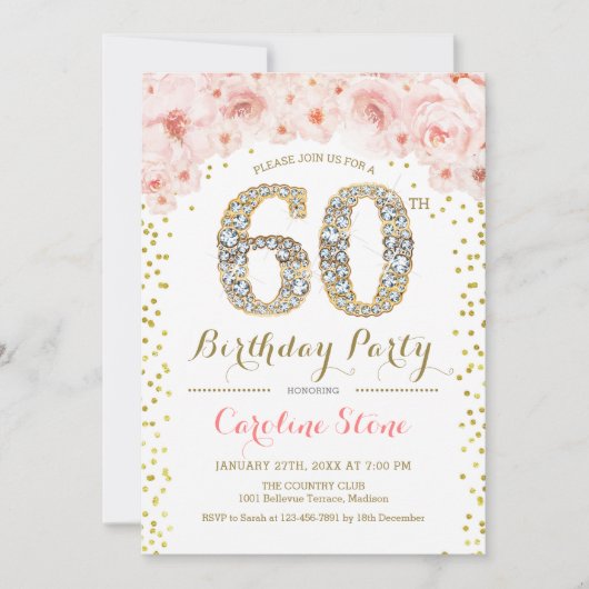 60. Geburtstagsparty - Weißes Gold Rosa Einladung (Vorderseite)