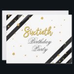 60. Geburtstagsüberraschung Gold Glitzer Geometric Einladung<br><div class="desc">Moderne Überraschung 60. Geburtstag Script Gold Geometric Einladung mit schwarzen Streifen und Goldfolie Glitzer Punkte mit Skripttypografie können Sie leicht bearbeiten. Für weitere Anpassungen klicken Sie bitte auf die Schaltfläche "Anpassen" und verwenden Sie unser Designwerkzeug,  um diese Vorlage zu ändern.</div>