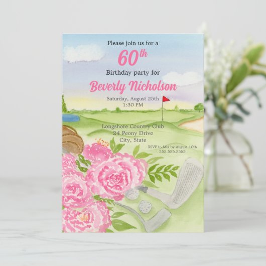 60. Golf Birthday Party Peonies on Golf Course in Einladung (Stehend Vorderseite)