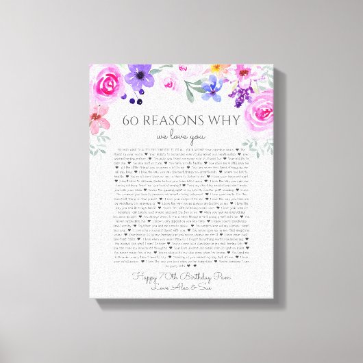 60 Gründe, warum wir Ihnen lila rosa Blüte Liebe Leinwanddruck (Vorderseite)