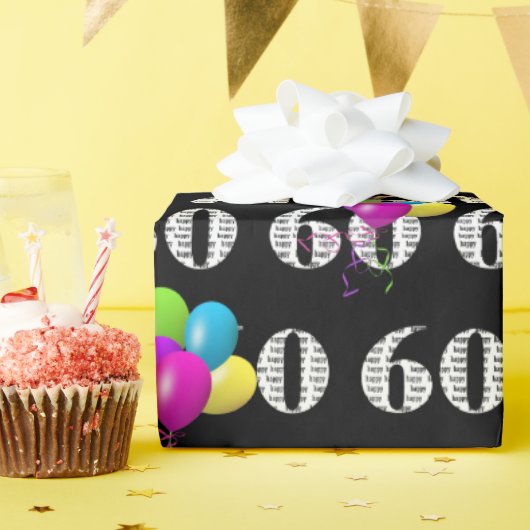 60. Happy Birthday Balloons auf schwarz Geschenkpapier (Geburtstagsparty)