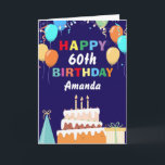 60. Happy Birthday Balloons Cake Navy Blue Karte<br><div class="desc">60. Happy Birthday farbenfrohe Balloons Cake Navy Blue mit personalisiertem Namen. Für weitere Anpassungen klicken Sie bitte auf die Schaltfläche "Anpassen" und verwenden Sie unser Designwerkzeug,  um diese Vorlage zu ändern.</div>
