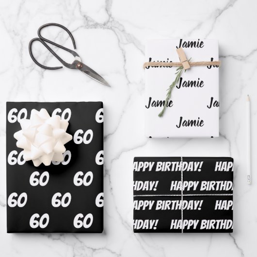 60. Happy Birthday Individuelle Name Wrapping Pape Geschenkpapier Set (Vorderseite)