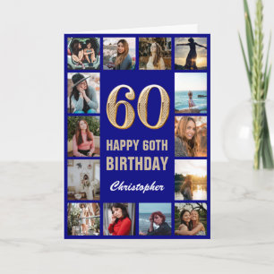 60. Happy Birthday Navy Blue & Gold Foto Collage Karte