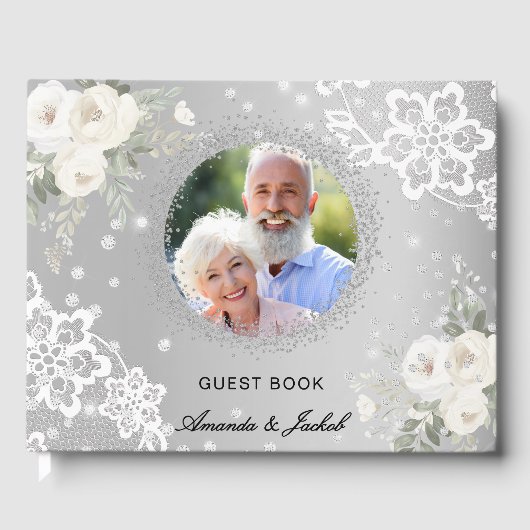 60. Hochzeit Jubiläum silberne Foto Spitze Blumens Gästebuch (Vorderseite)