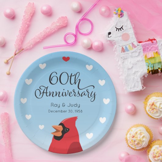 60. Hochzeitsfeier, Kardinal und Herz Pappteller (Party)