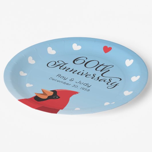 60. Hochzeitsfeier, Kardinal und Herz Pappteller (Schrägansicht)