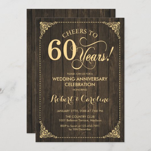 60. Hochzeitstag - Gold Wood Einladung (Vorne/Hinten)