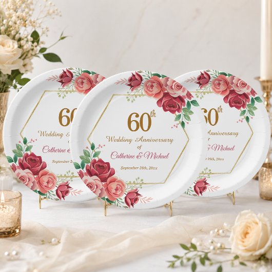 60. Hochzeitstag Goldrahmen Blumen Pappteller
