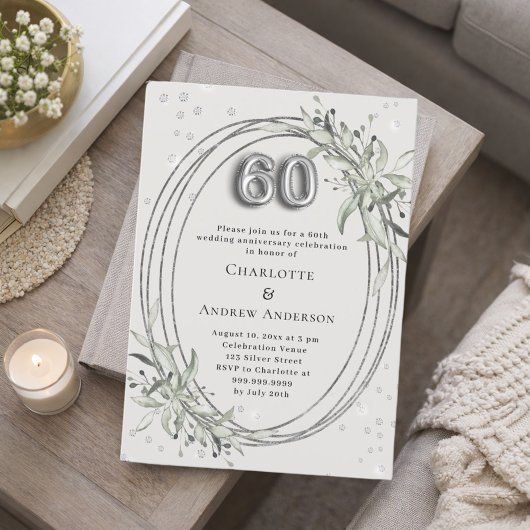 60. Hochzeitstag Perlgrau Grün Einladung