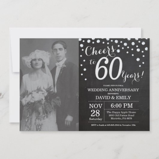 60. Hochzeitstag Schwarzes Silber Chalkboard Einladung (Vorderseite)
