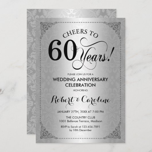 60. Hochzeitstag - Silberschwarzer Damast Einladung (Vorne/Hinten)