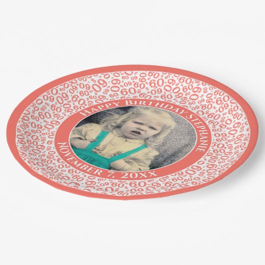60 Ihr Foto Random Number Pattern Coral/White Pappteller (Schrägansicht)