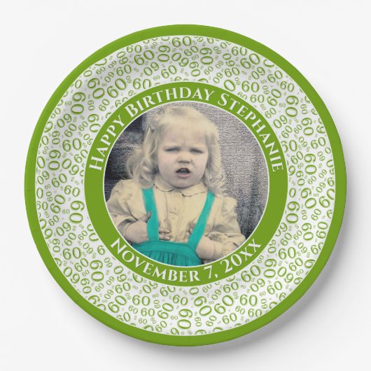 60 Ihr Foto Random Number Pattern Grün/Weiß Pappteller (Vorderseite)