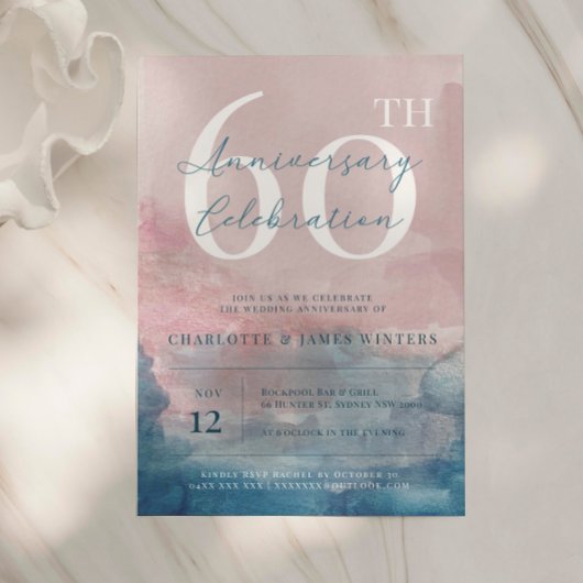 60 Jahre pink und blau Aquarell Einladung