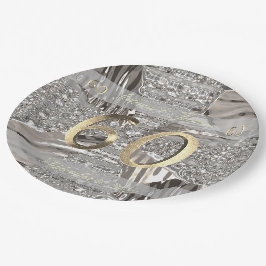 60 Jubiläum Diamond Wedding Elegante Imitate Gold Pappteller (Schrägansicht)