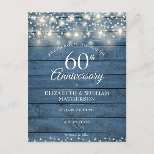 60. Jubiläum Holzsaitenleuchten Save the Date Ankündigungspostkarte (Vorderseite)