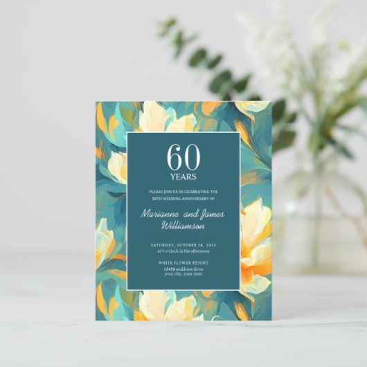 60. Jubiläum Orange Aquamarin Painted Blume Foto (Stehend Vorderseite)