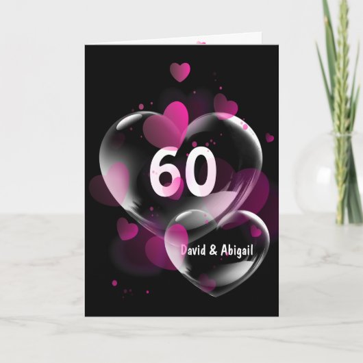 60. Jubiläum rosa Herzblasen auf schwarz Karte (Vorderseite)