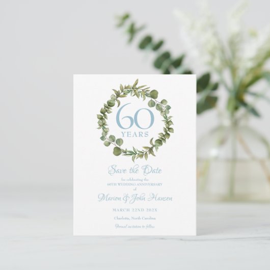 60. Jubiläum Save the Date Grünen Blumen Postkarte (Stehend Vorderseite)