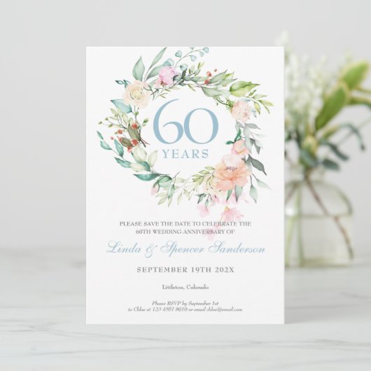 60. Jubiläum Save the Date Rose Garland Einladung (Stehend Vorderseite)