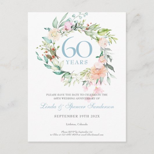 60. Jubiläum Save the Date Rose Grüne Postkarte (Vorderseite)