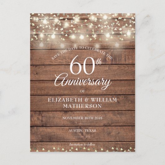 60. Jubiläum String Lights Wood Save the Date Ankündigungspostkarte (Vorderseite)