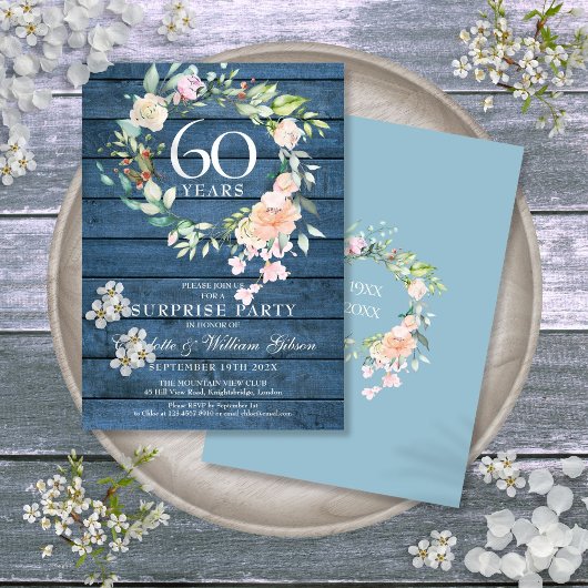 60. Jubiläum Überraschung Party Floral Blue Rustic Einladung