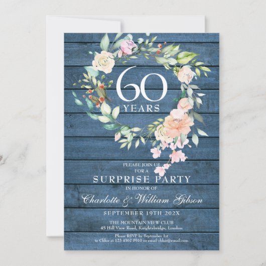 60. Jubiläum Überraschung Party Floral Blue Rustic Einladung (Vorderseite)