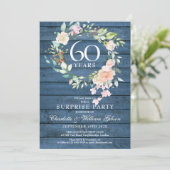60. Jubiläum Überraschung Party Floral Blue Rustic Einladung (Stehend Vorderseite)