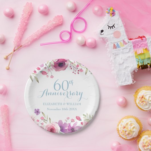 60. Jubiläum Wasserfarben Rose Grünpflanzen Pappteller (Party)