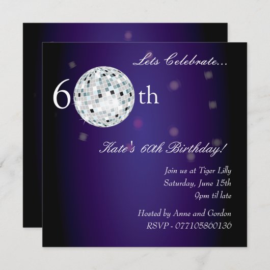 60. Lila Disco-Ball-Party Einladung (Vorne/Hinten)