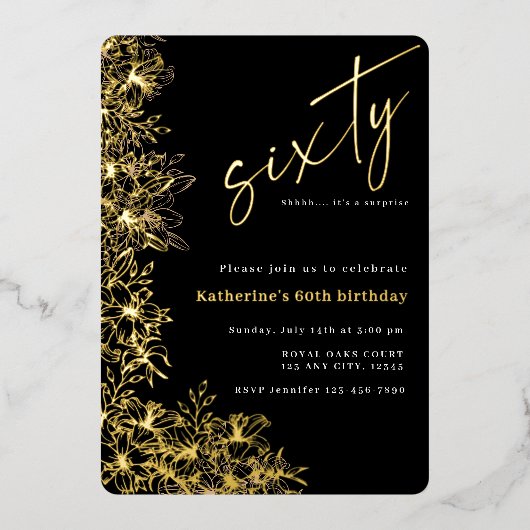 60. Modern Black & Gold Foil Überraschung Geburtst Folieneinladung (Vorderseite)