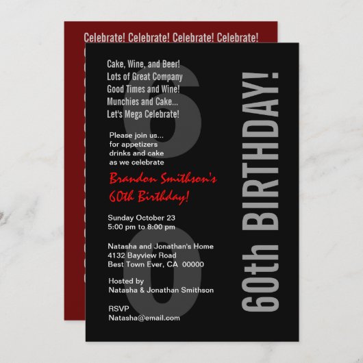 60. Modern Modern Birthday Schwarz-weiß Red Templa Einladung (Vorne/Hinten)