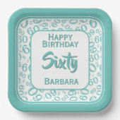 60. Party Random Number Pattern Aquamarin/weiß Pappteller (Vorderseite)