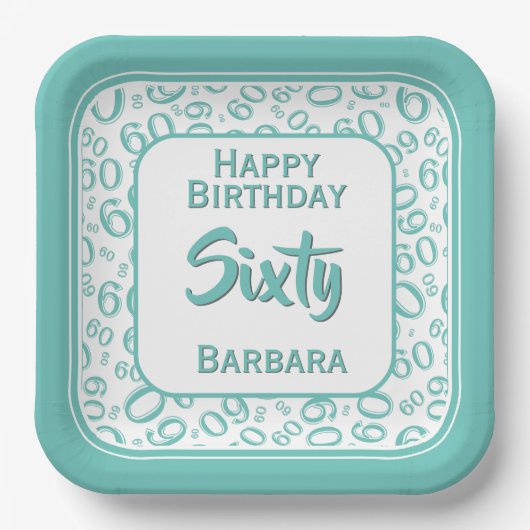 60. Party Random Number Pattern Aquamarin/weiß Pappteller (Vorderseite)