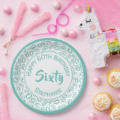 60. Party Random Number Pattern Aquamarin/weiß Pappteller (Party)