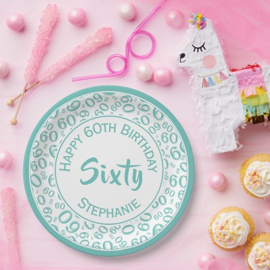 60. Party Random Number Pattern Aquamarin/weiß Pappteller (Party)