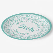 60. Party Random Number Pattern Aquamarin/weiß Pappteller (Schrägansicht)