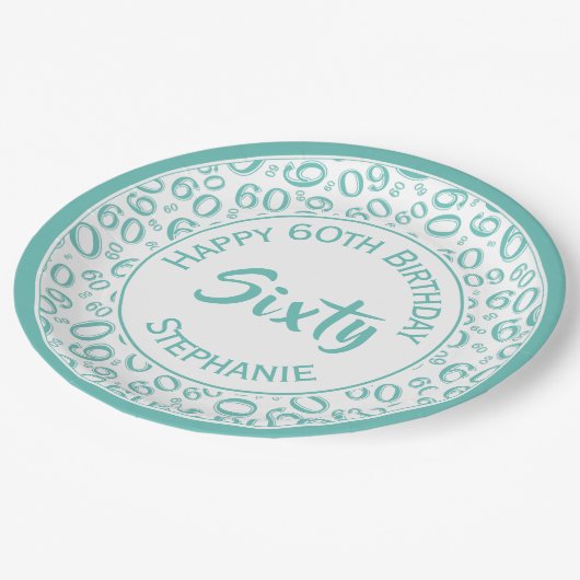 60. Party Random Number Pattern Aquamarin/weiß Pappteller (Schrägansicht)