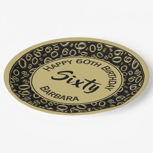 60. Party Random Number Pattern Black/Gold Pappteller (Schrägansicht)