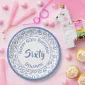 60. Party Random Number Pattern Blau/Weiß Pappteller (Party)