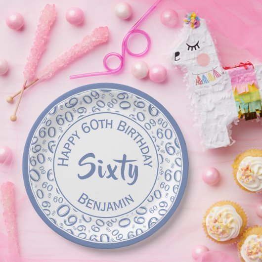 60. Party Random Number Pattern Blau/Weiß Pappteller (Party)