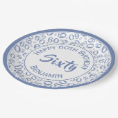 60. Party Random Number Pattern Blau/Weiß Pappteller (Schrägansicht)