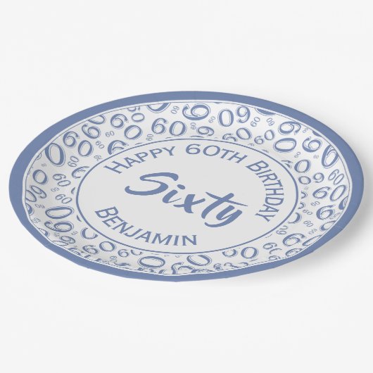 60. Party Random Number Pattern Blau/Weiß Pappteller (Schrägansicht)