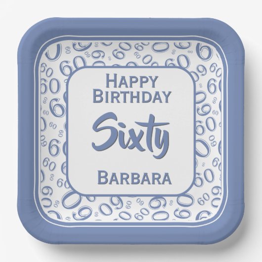 60. Party Random Number Pattern Blau/Weiß Pappteller (Vorderseite)