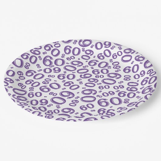 60. Party Random Number Pattern Lila/weiß Pappteller (Schrägansicht)