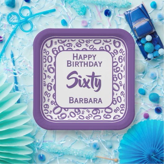 60. Party Random Number Pattern Lila/weiß Pappteller (Party)